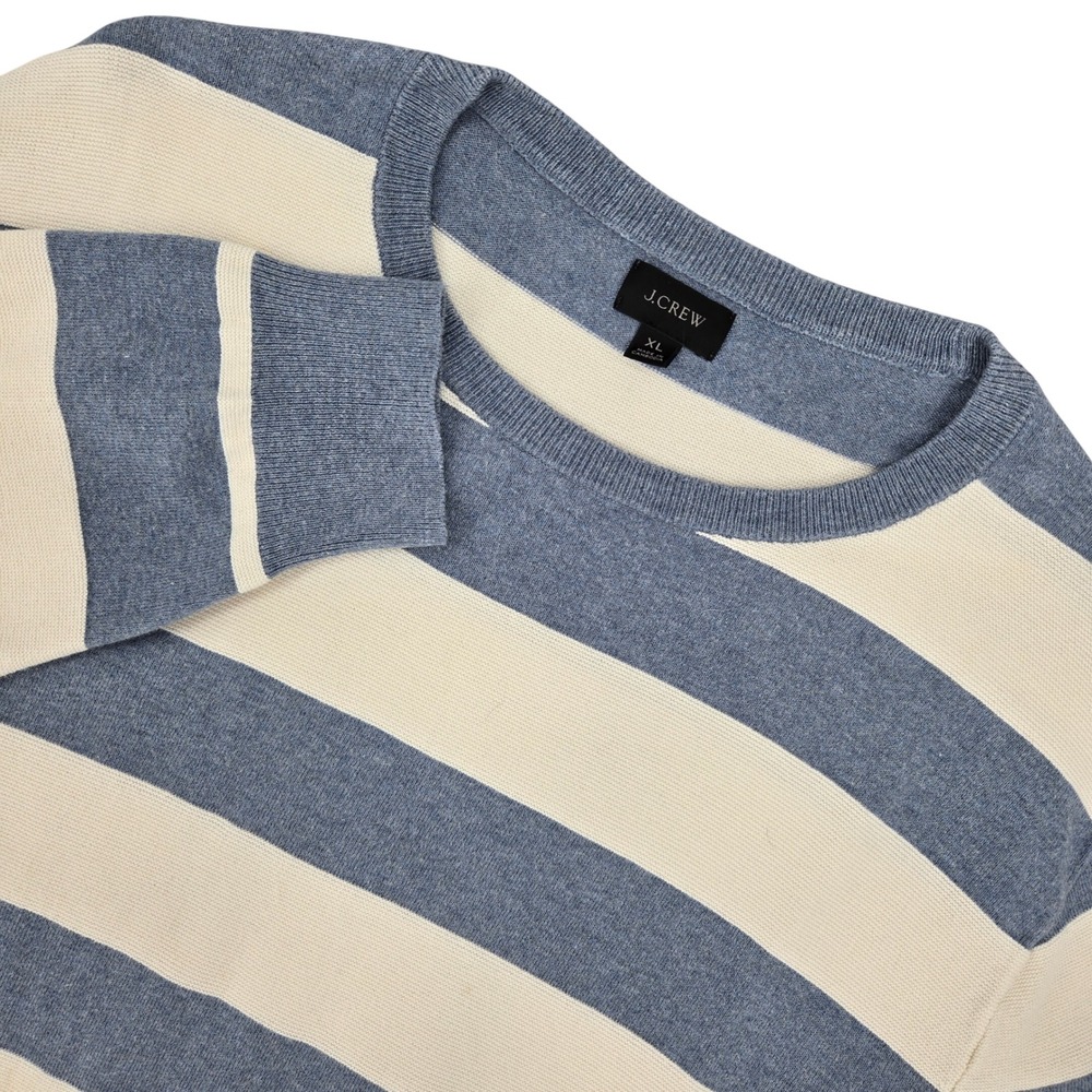 J.Crew XL Striped Crewneck Sweater Mens Blue Cream Coastal Preppy Cotton Knit